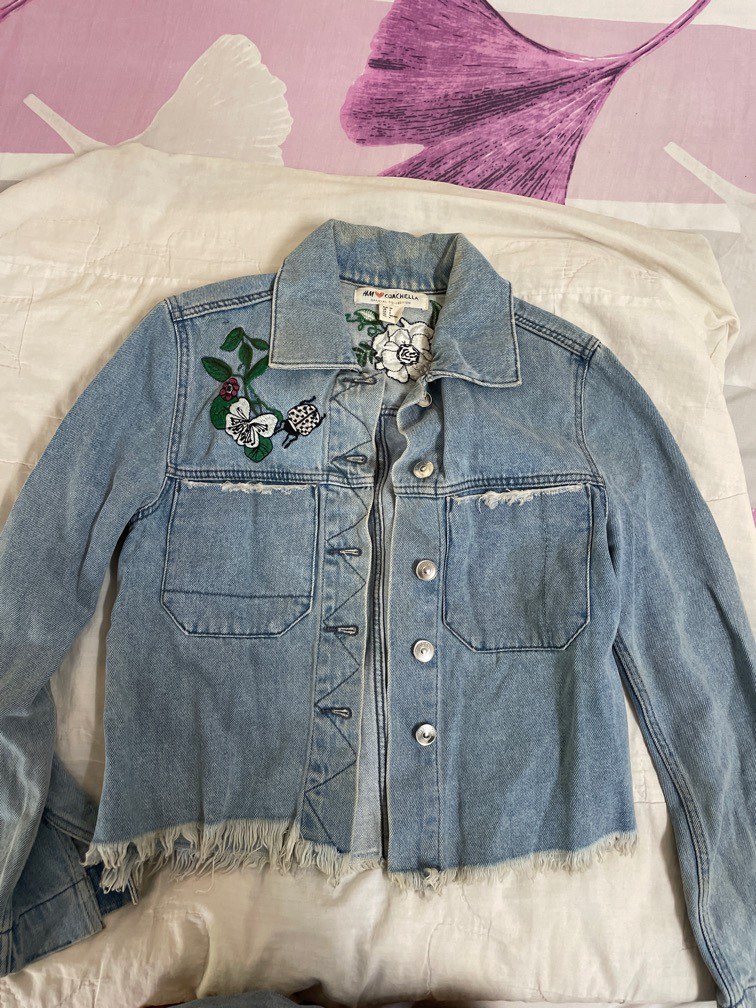 H M Coachella Flower Embroidered Denim Jacket