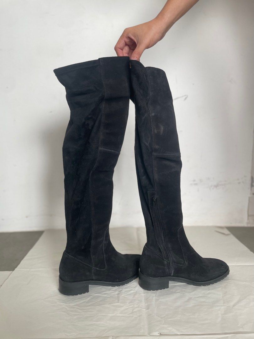 Genuine suede leather high knee length boots Women s Fashion