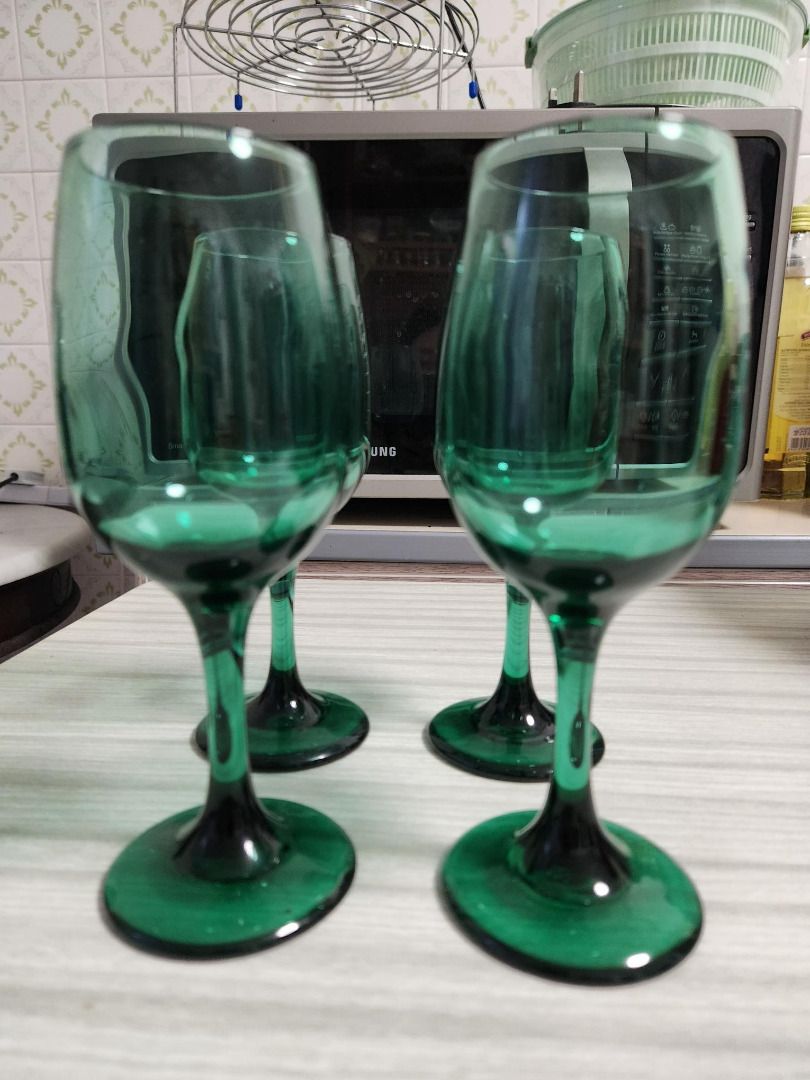 Green tinted wine glasses 4nos, Furniture & Home Living, Home Decor