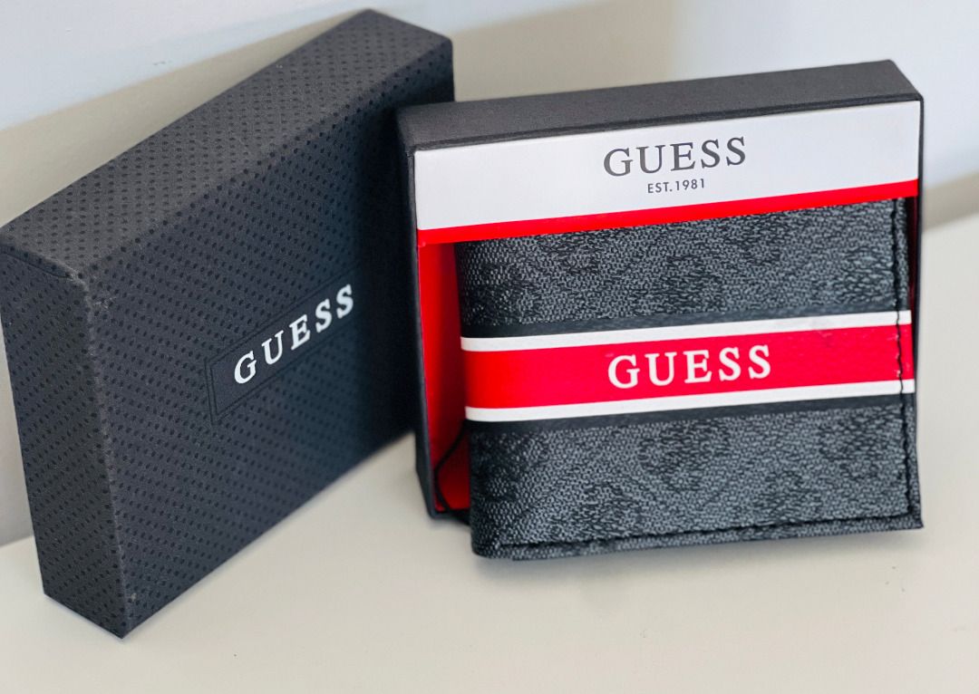 GUESS CHARCOAL BLACK RED LOGO BILLFOLD BIFOLD LEATHER VALET