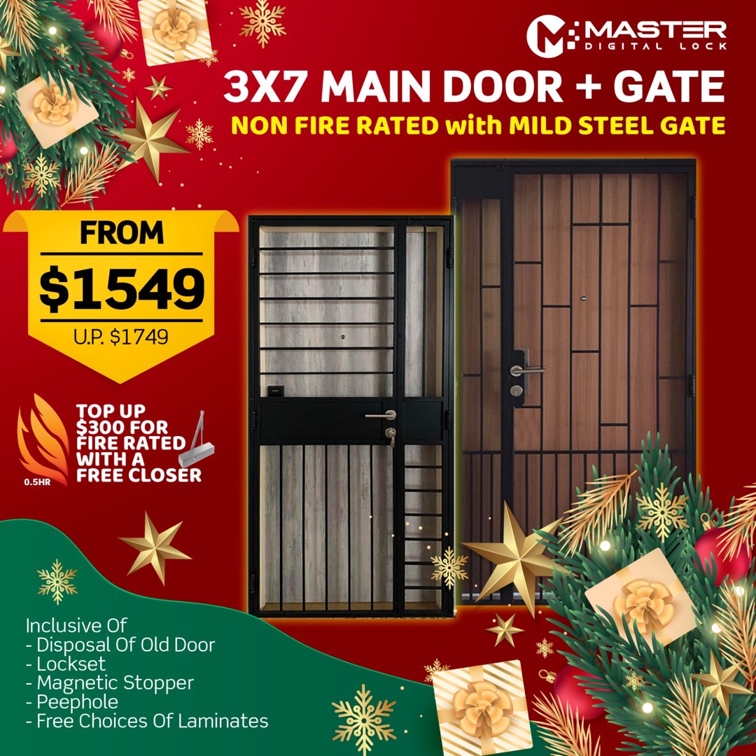 HDB MAIN LAMINATED DOORS / MILD STEEL METAL GATES / DIGITAL LOCKS