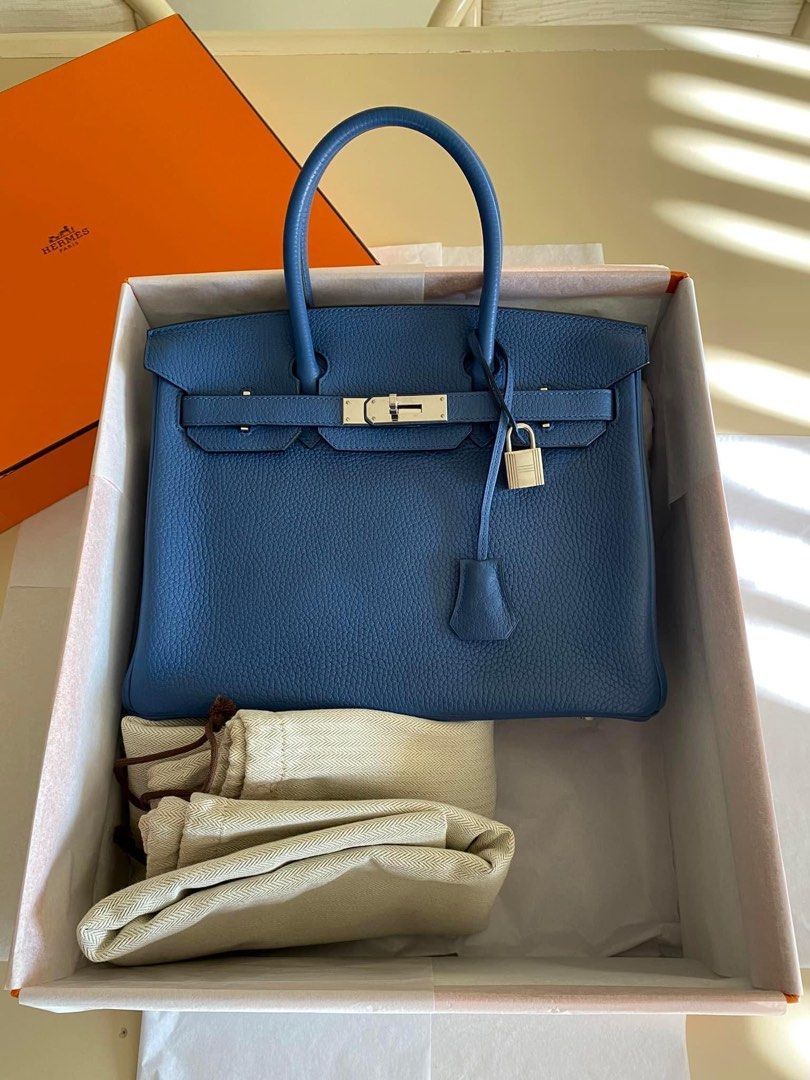 Hermes PHW Birkin 30 Handbag Shoulder Bag Taurillon Clemence Bleu Paradis  Blue
