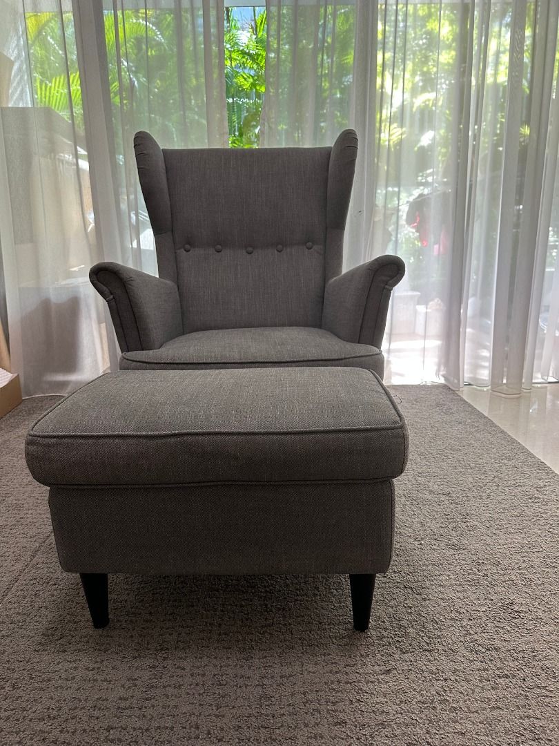 IKEA STRANDMON Armchair and footstool, dark grey, Furniture & Home