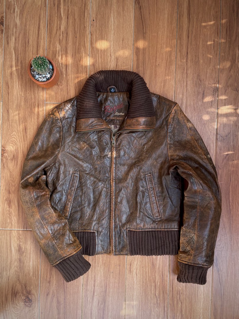 Jaket kulit asli vintage kuno antik leather jaket, Fesyen Pria, Pakaian