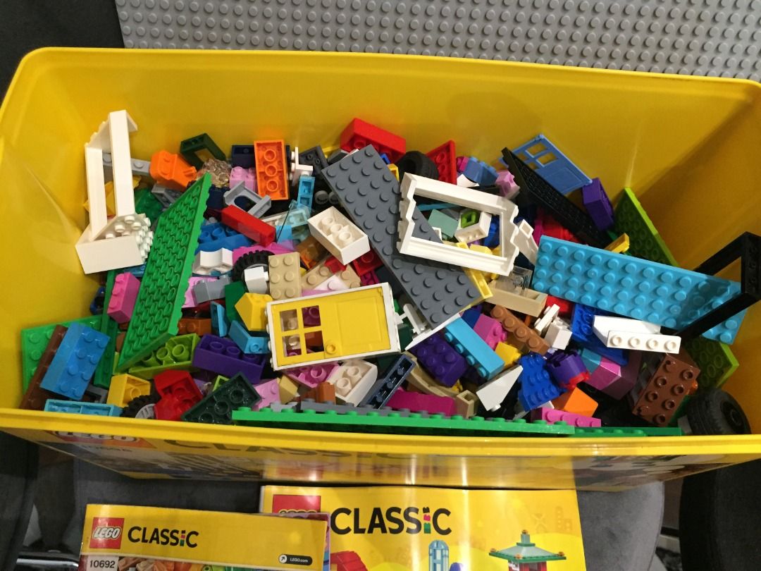 Original big Lego plastic box full of various Lego plus original