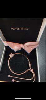 Pandora Rose Gold Slider Pink Blossom Bracelet x Pink and Clear Sparkle Charm 