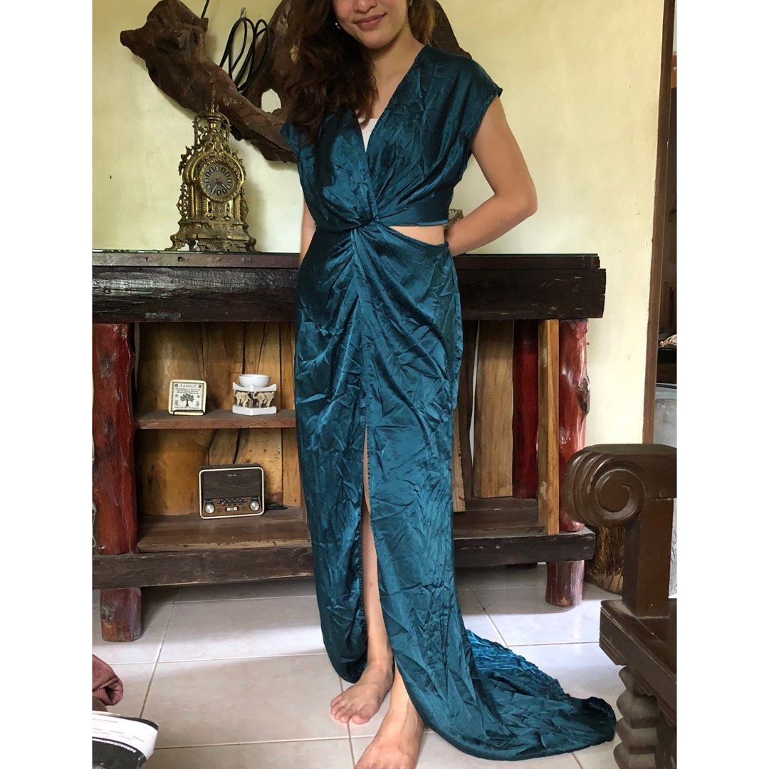 Shein Teal Blue long gown maxi dress satin silk dress gown formal party ...