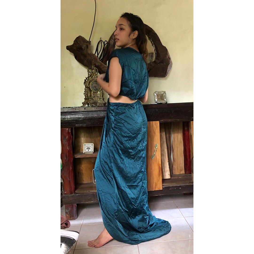 Shein Teal Blue long gown maxi dress satin silk dress gown formal party ...
