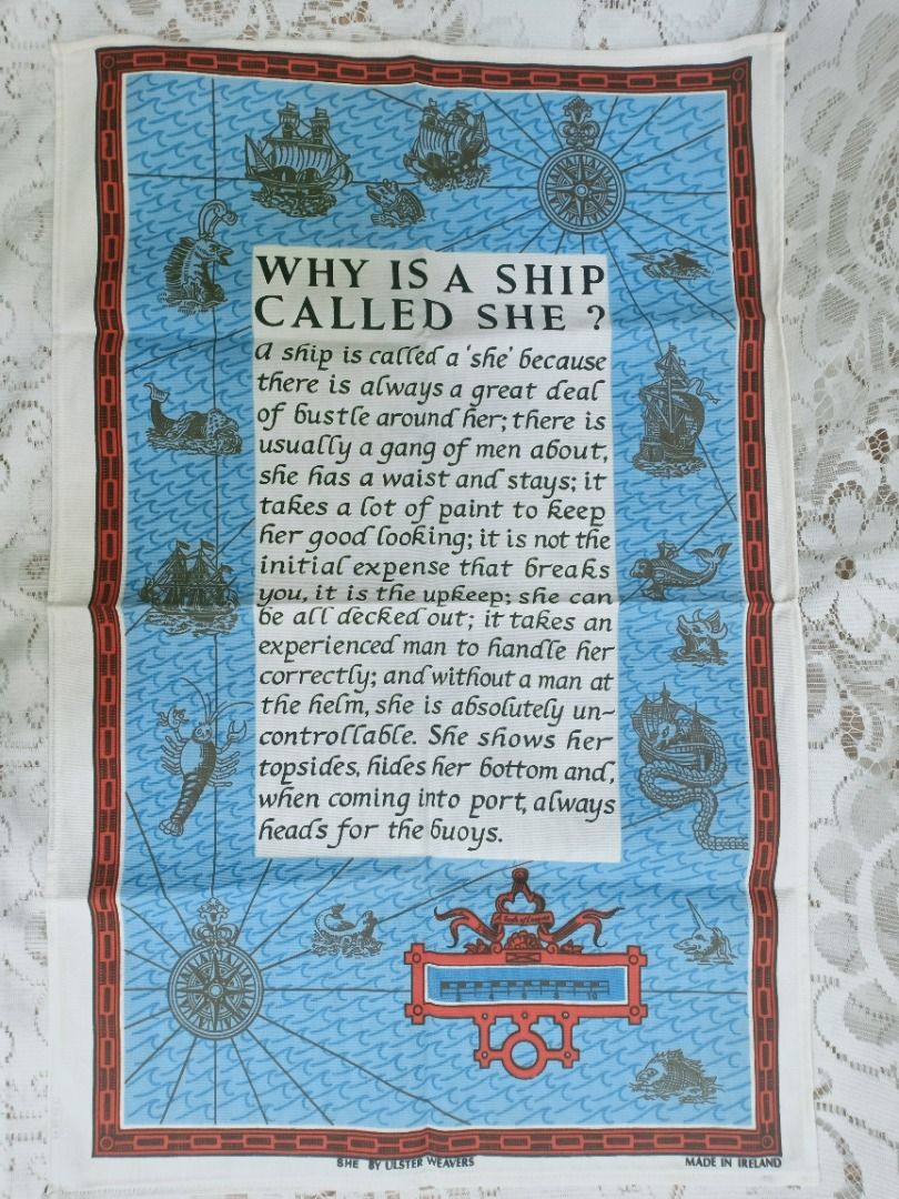 Vintage Tea Towel " Why Is A Ship Called SHE ? ", Hobbies & Toys