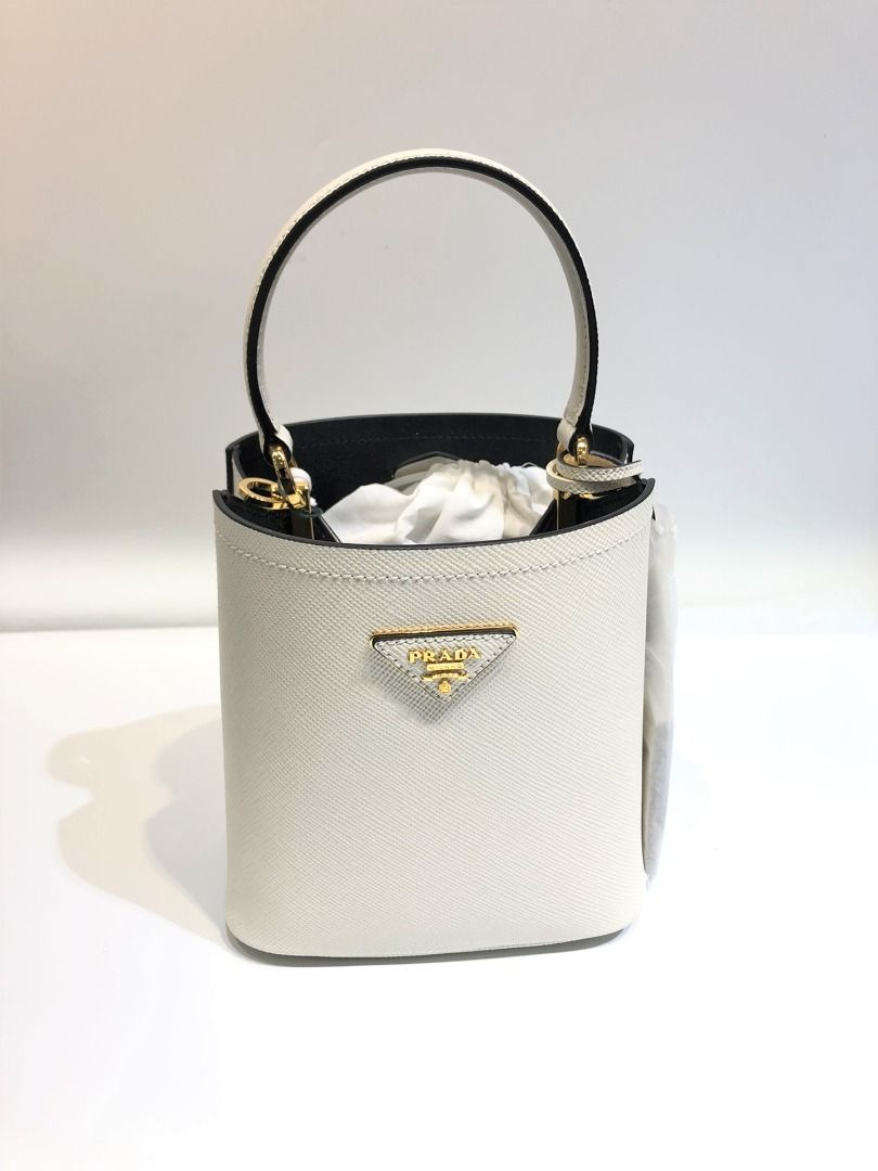 Small Saffiano Leather Prada Panier Bag 10.5*17*18cm 1BA217, White, One Size