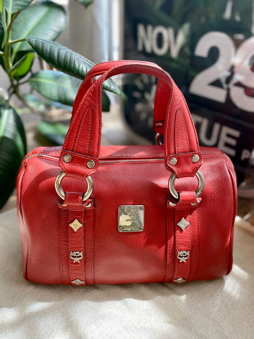 Authentic MCM Red in Leather Boston bag, Luxury, Bags & Wallets on