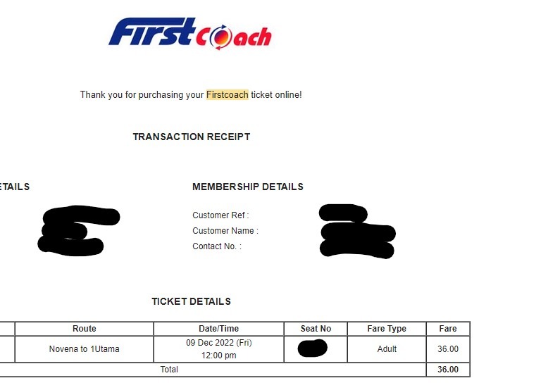 Firstcoach Bus ticket from Novena(SG) to 1Utama (KL) on 9 Dec 2022