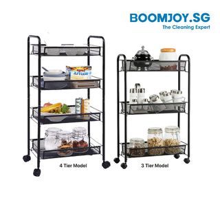 🥇✔FREE DELIVERY:  3-4 Tier Metal Wire Rolling Cart Kitchen Rolling Storage Cart with Baskets, Lockable Utility Trolley with Handle