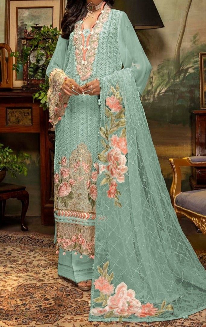 Georgette Embroided Net Dupatta Santoon Bottom Payal Bunches Turquoise Floral Chudithar Chudithaar Kurta Kurti Dupatta Ladies Women Girls Indian