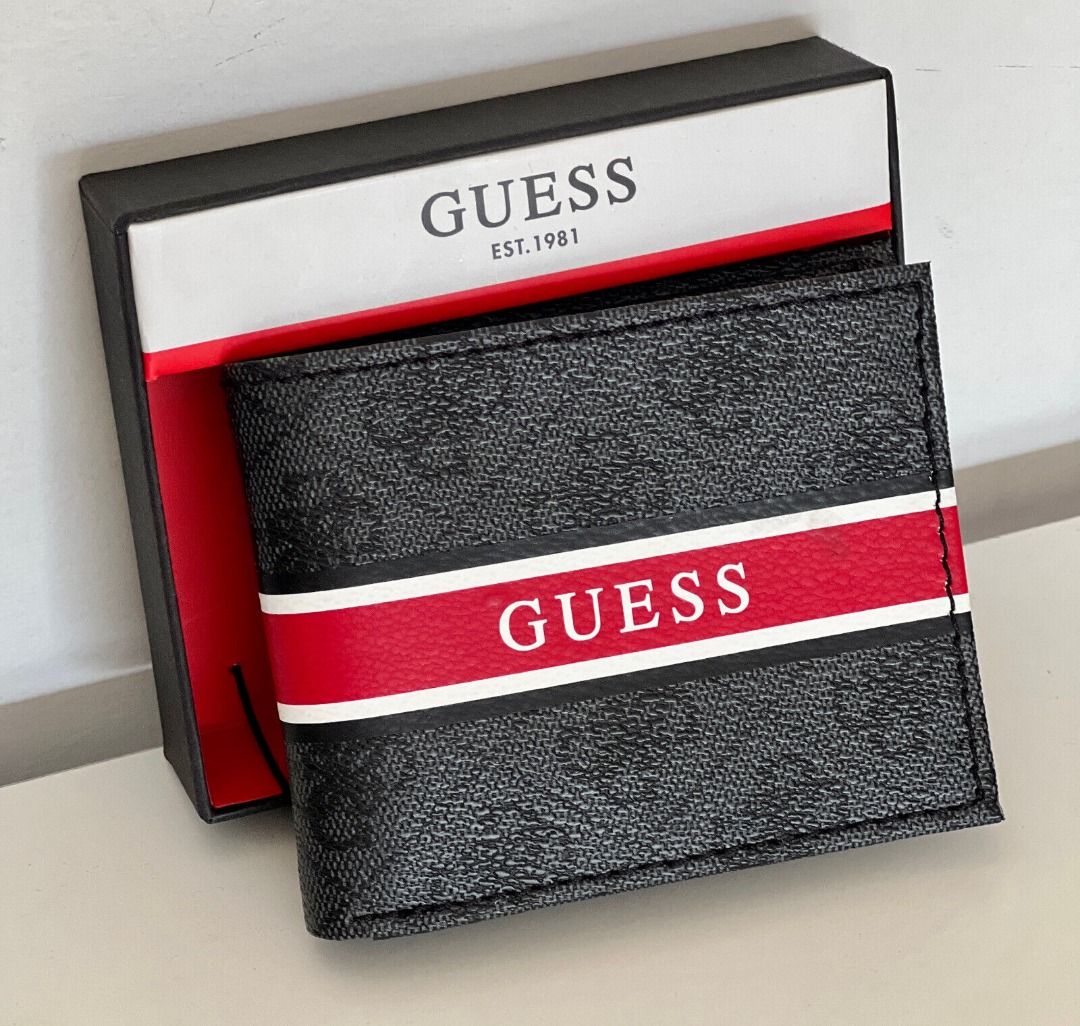 GUESS CHARCOAL BLACK RED LOGO BILLFOLD BIFOLD LEATHER & VALET WALLET, Men's Fashion, Watches