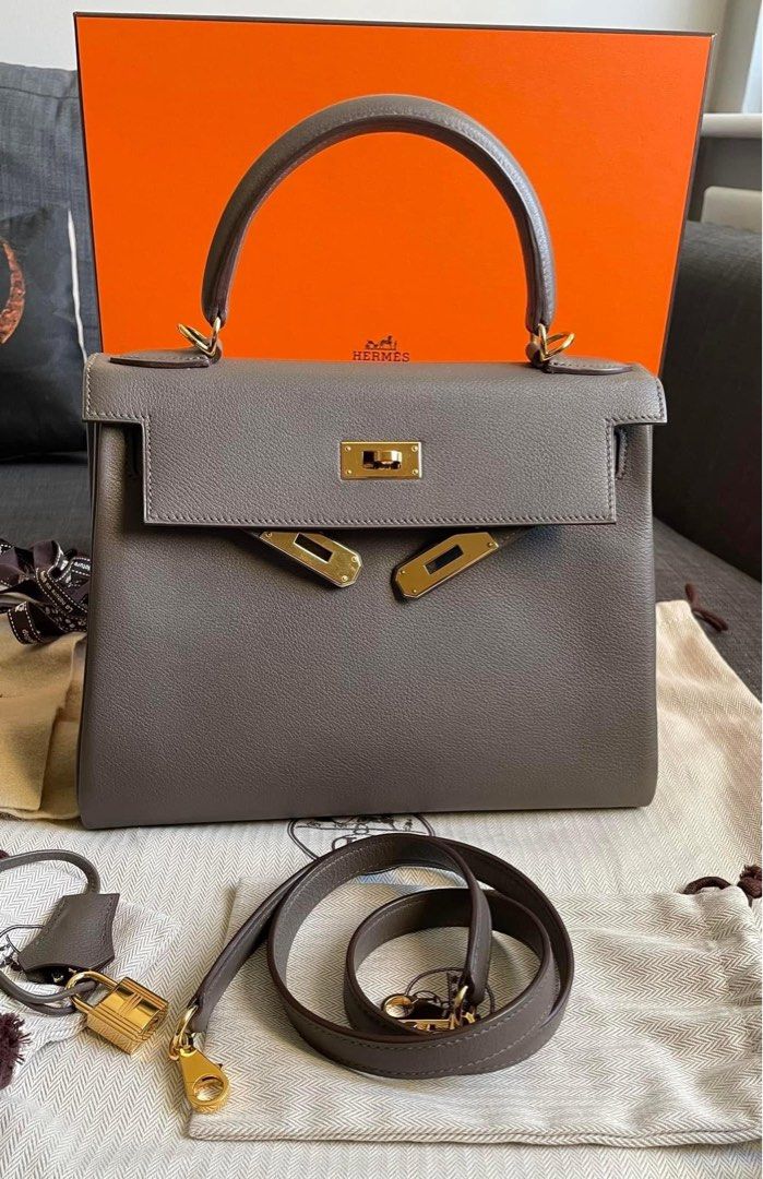 Hermes Gris Mouette 28cm Kelly Bag Togo Grey Gold Hardware