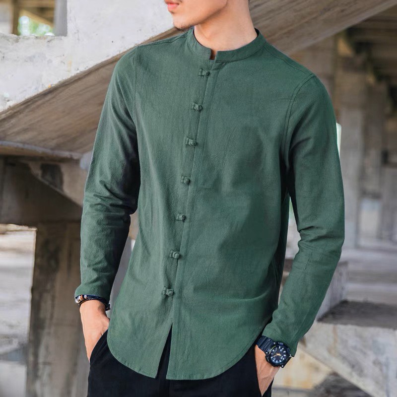 Green Birds Half Sleeve Mandarin Collar Shirt
