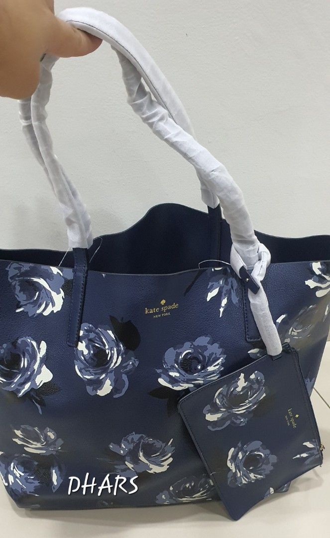 New Original Kate Spade New York Mya Arch Place Reversible Leather Tote and  Pouch- Floral/ Navy Plain, Luxury, Bags & Wallets on Carousell