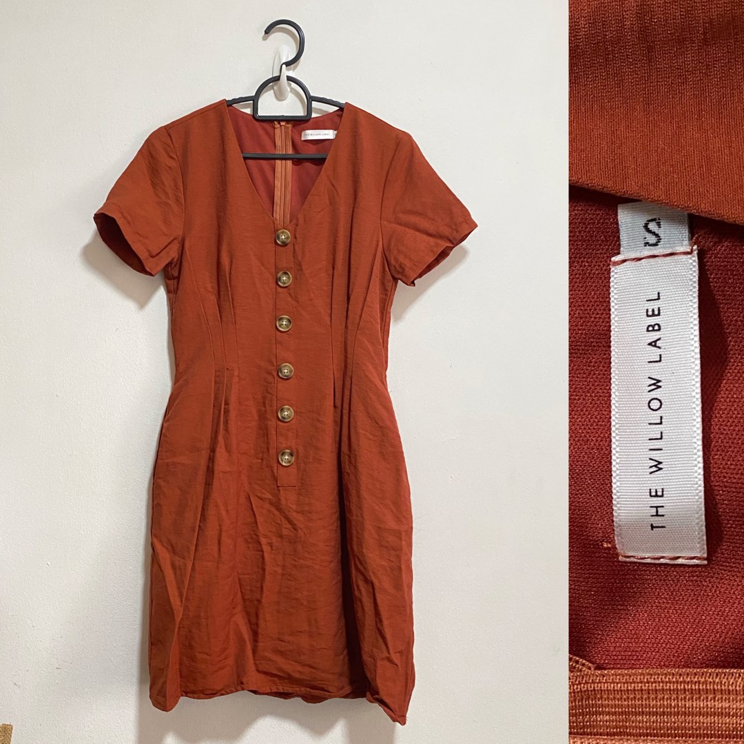 (S) TWL The Willow Label Button Down V-Neck Mini Dress in Rust Orange ...