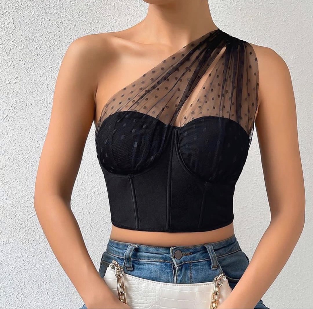 tile mesh bustier top crop top, Fesyen Wanita, Pakaian Wanita, Atasan di  Carousell