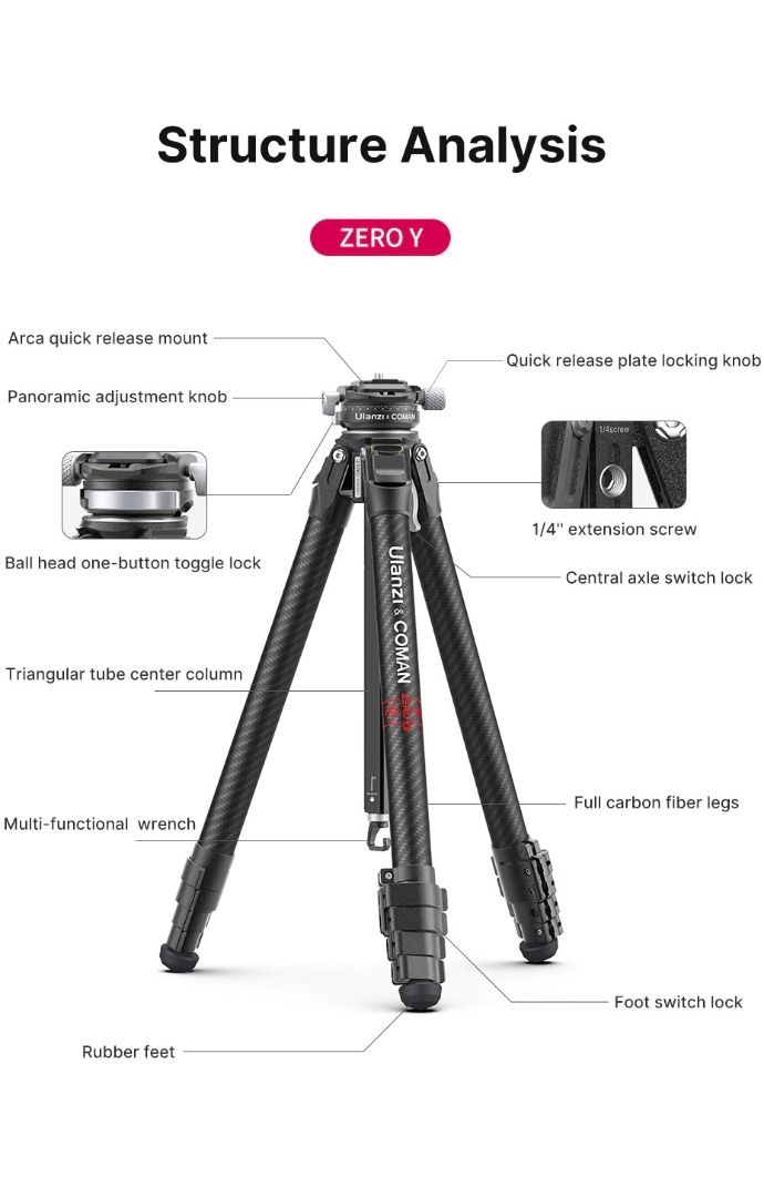 Ulanzi Coman Zero Y Professional Carbon Fibre Lightweight Travel Tripod ...