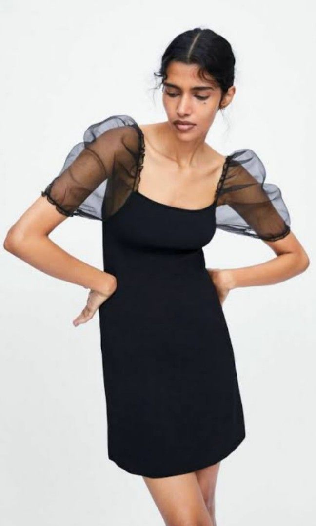 Zara Black knit Mesh Puff sleeves Dress, Women's Fashion, Dresses & Sets,  Dresses on Carousell
