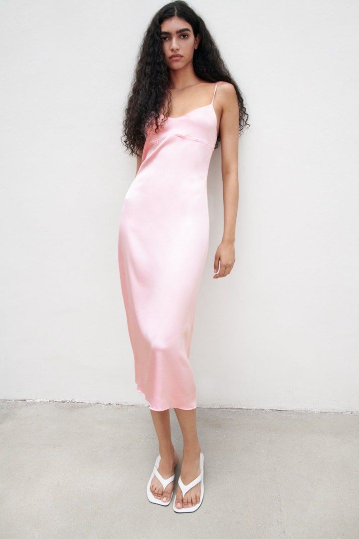 Zara Pink Satin Midi Dress (Bnwt), Women'S Fashion, Dresses & Sets, Dresses  On Carousell
