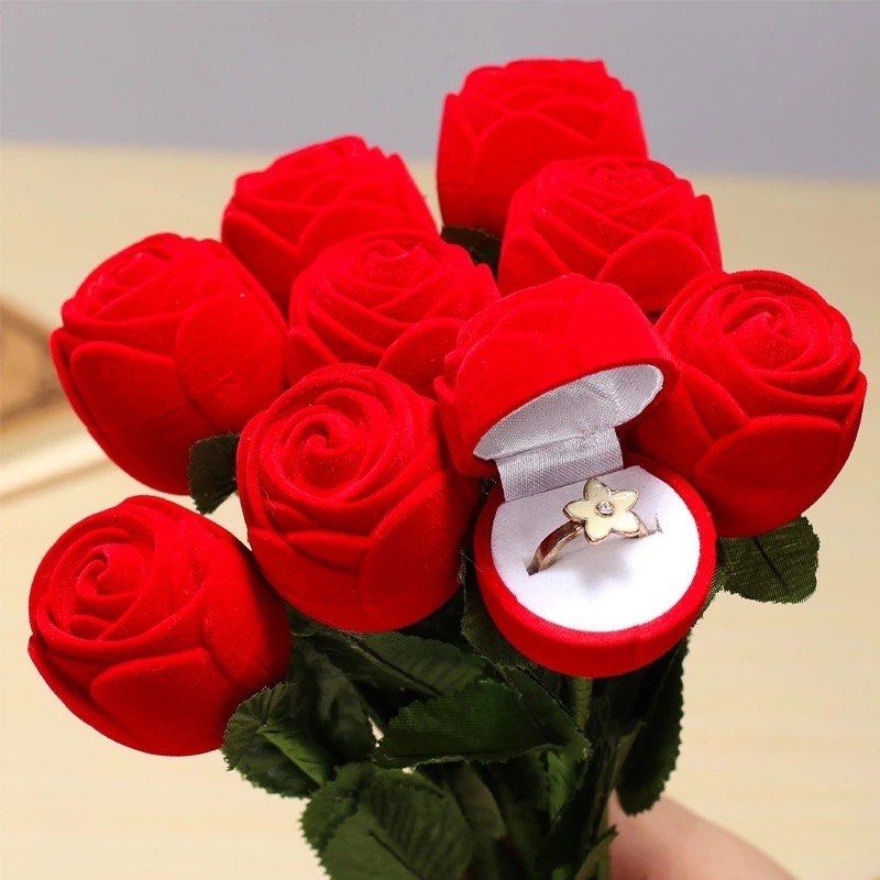 1PC Romantic Red Rose Flower Ring Box Ring Holder 3D Red Rose