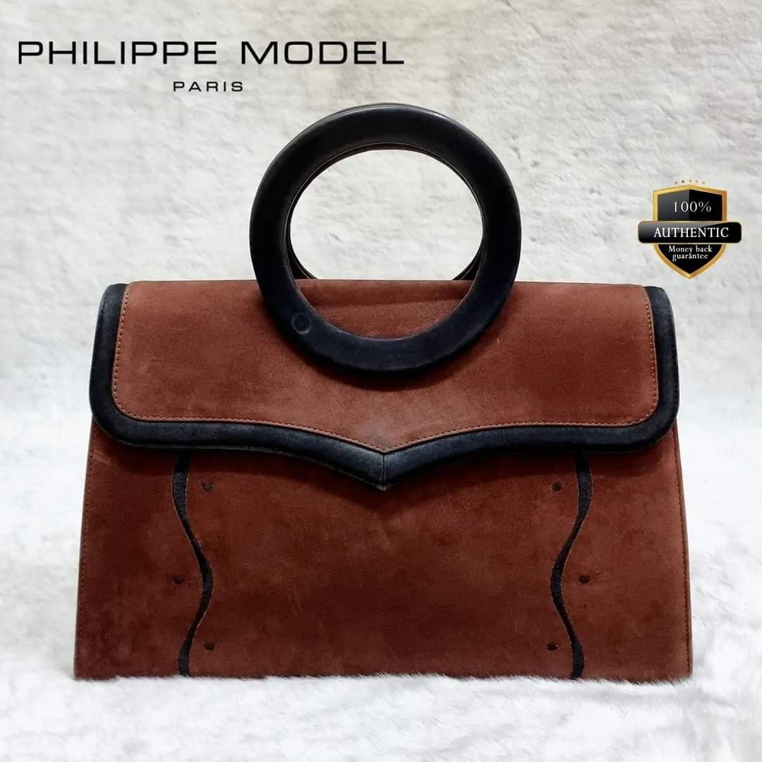 Authentic PHILIPPE MODEL Paris Genuine Nubuck Leather Round Top Handle Elegant Bag