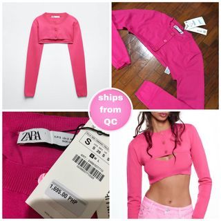 ☻ (BNWT) ZARA Fuschia Hot Pink Mini Bolero Cropped Cardigan Arm Warmers Shrug Longsleeve Knit Cotton Crop Top | Vintage Retro Y2K ☻