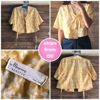 ☻ BY BEGINNING Korean Yellow Floral Print Kimono or Hanbok Style Shortsleeve Tie Front Crop Top | Vintage Retro Beach Coverup Fairy Cottagecore ☻