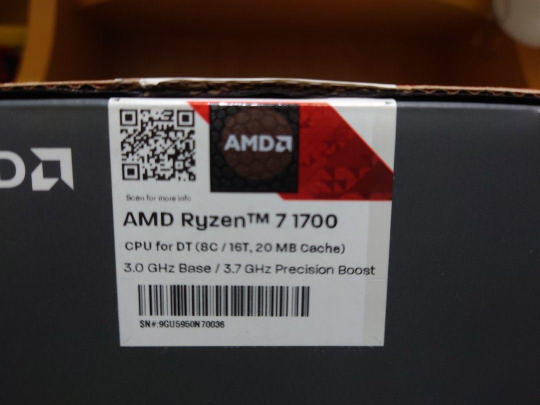 售]AMD Ryzen 7 1700 CPU 八核心處理器完整盒裝含RGB風扇, 電腦及科技