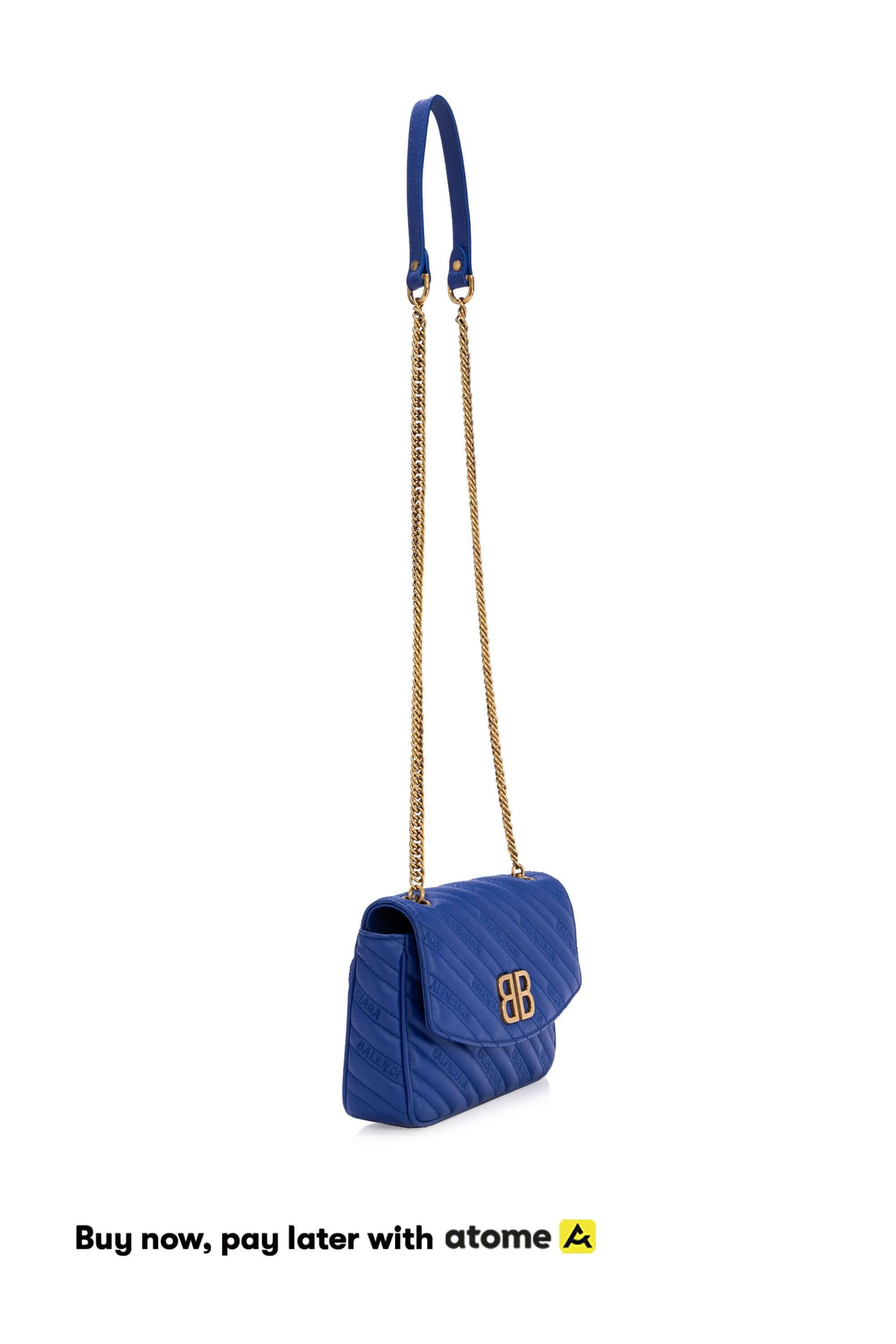 Balenciaga BB Chain Round Shoulder Bag Quilted Velvet Small Blue