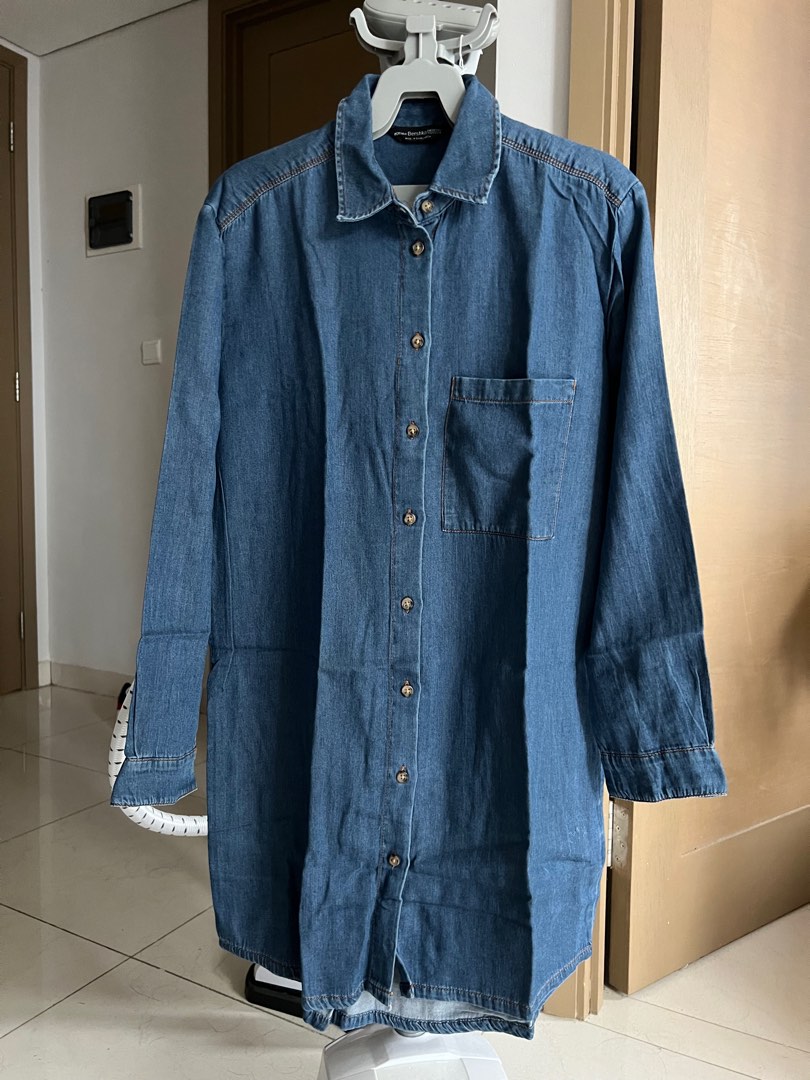 Bershka Denim one piece, Fesyen Wanita, Pakaian Wanita, Gaun & Rok di