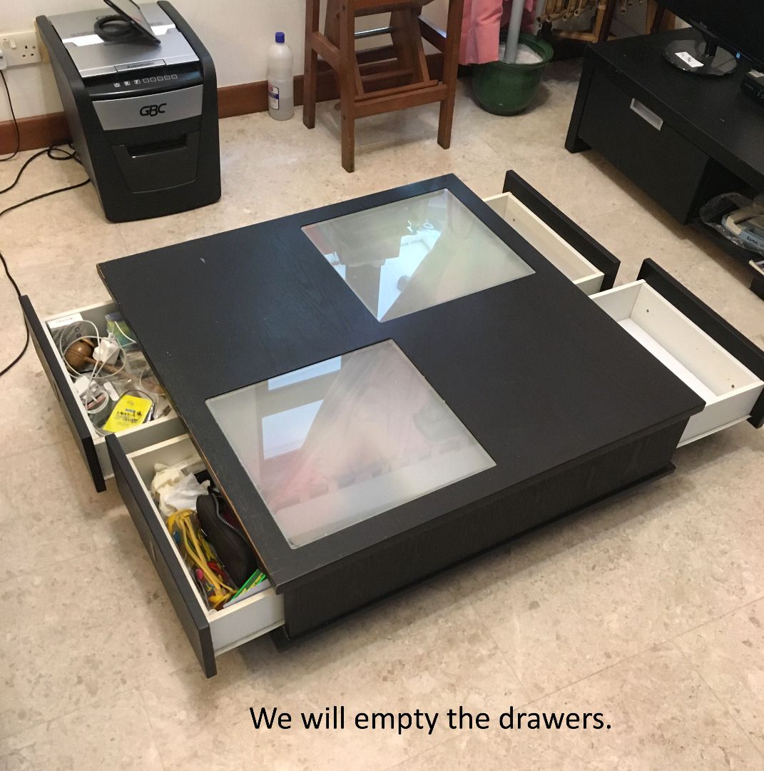 Black Coffee Table with 4 Drawers, 90x90x26cm, Black Low Coffee Table