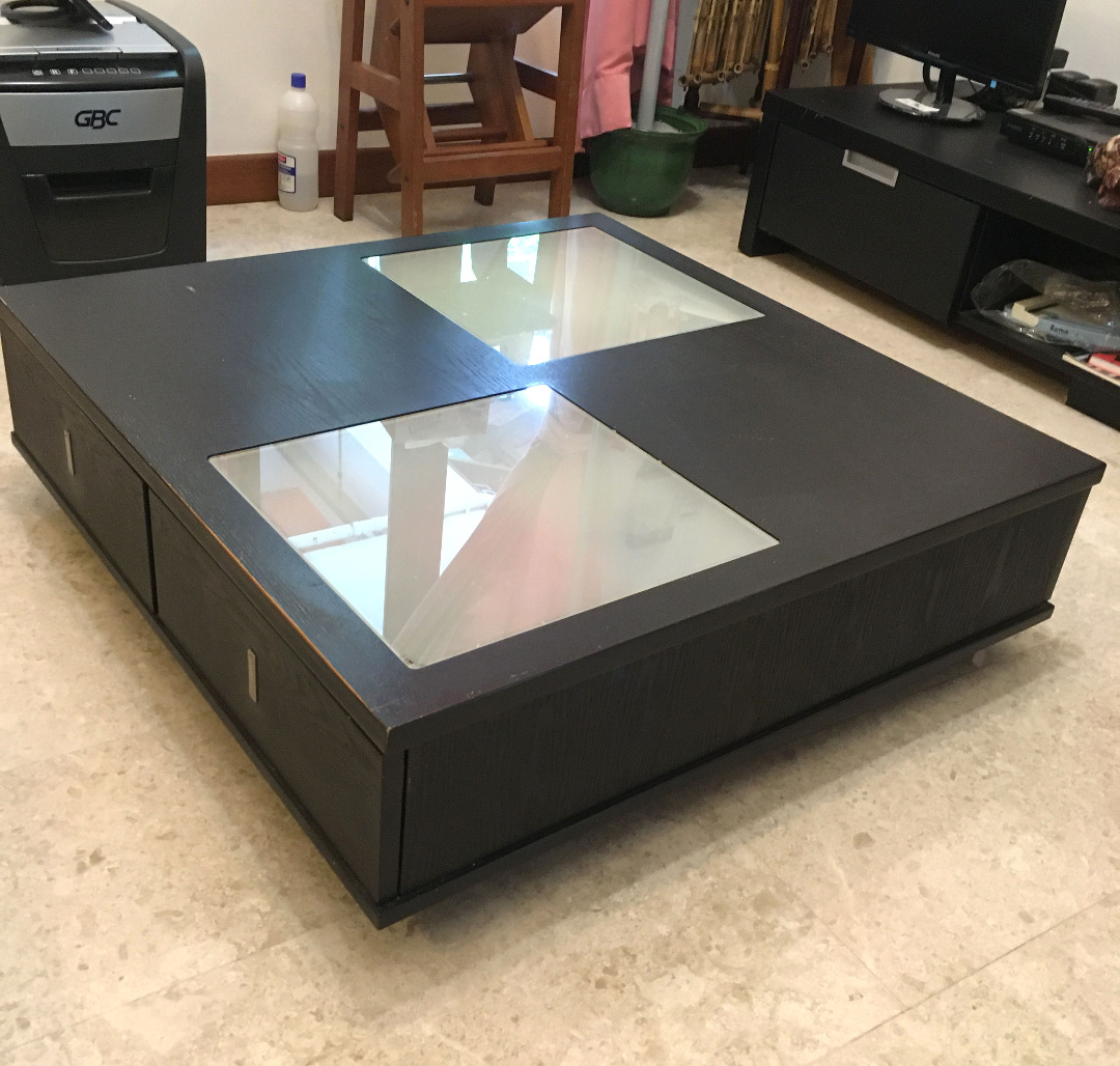 Black Coffee Table with 4 Drawers, 90x90x26cm, Black Low Coffee Table