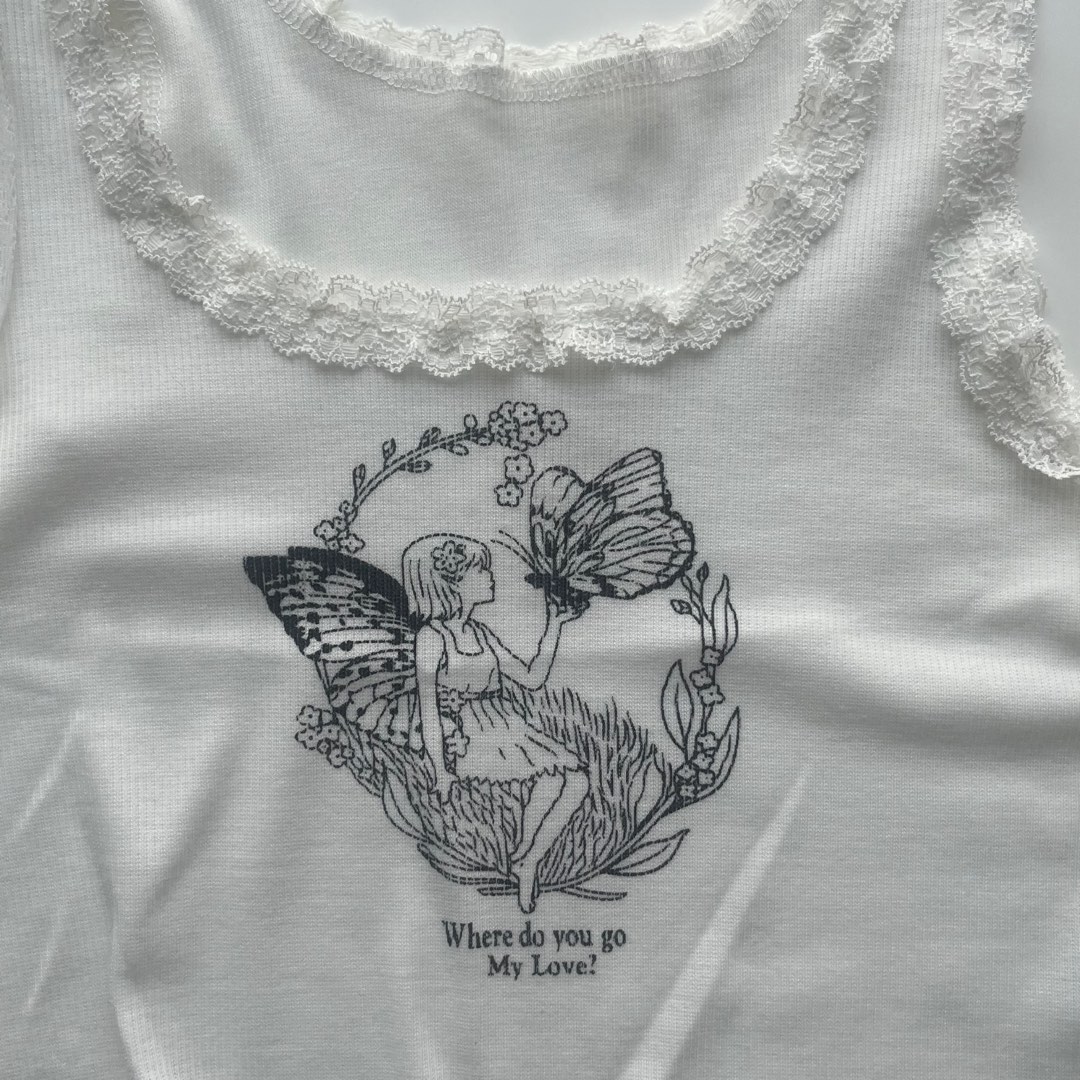 brandy melville white “where do you go my love” tank lace top