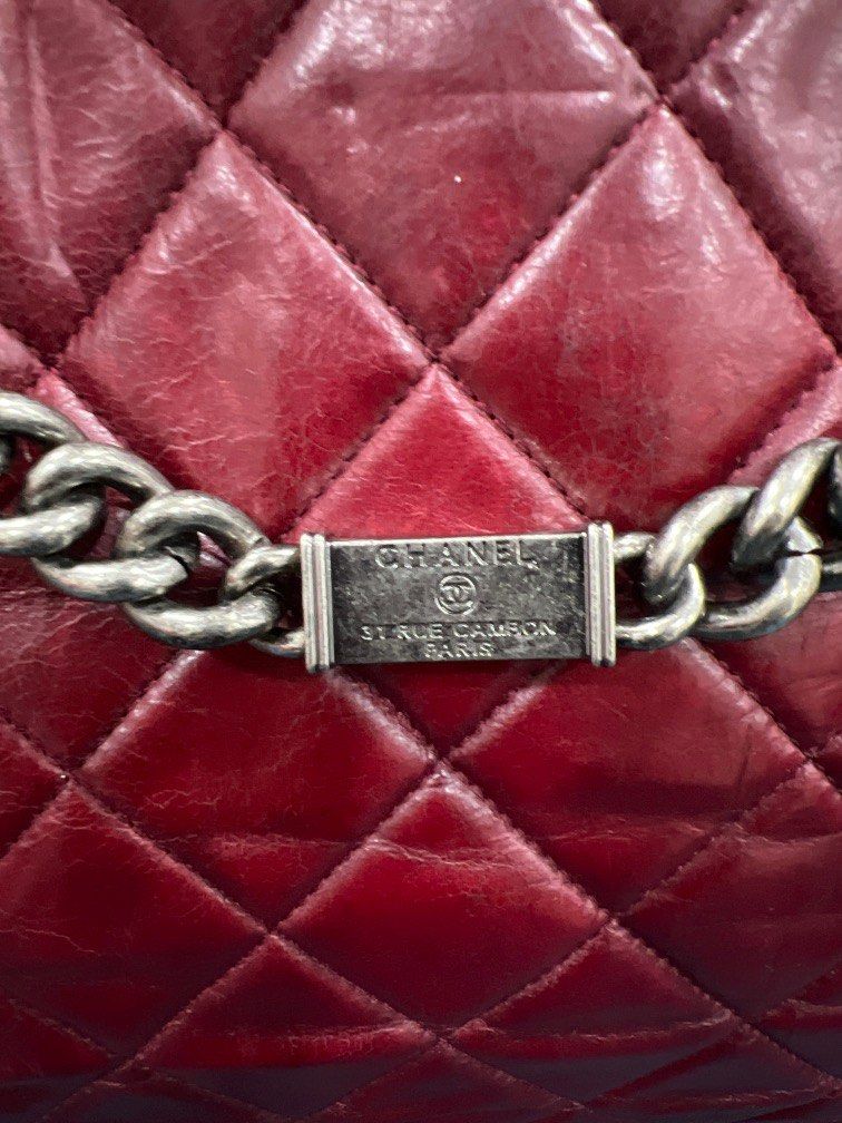 Chanel Glazed Calfskin Nameplate shopping tote burgandy