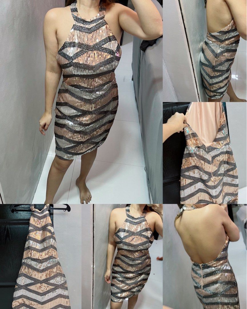 CHARLOTTE RUSSE GLITZ AND GLAM SEQUIN DRESS ROSE GOLD AND SILVER BACKLESS HALTER EVENING PARTY DRESS PERFECT FOR CHRISTMAS PARTY AND NEW YEAR