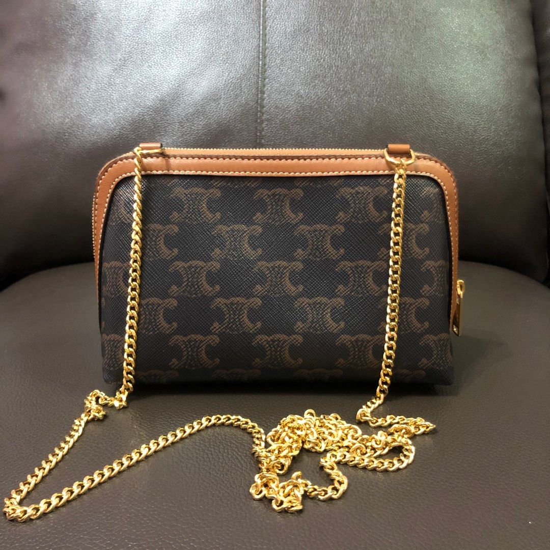 Clutch With Chain In Triomphe Canvas And Lambskin Tan