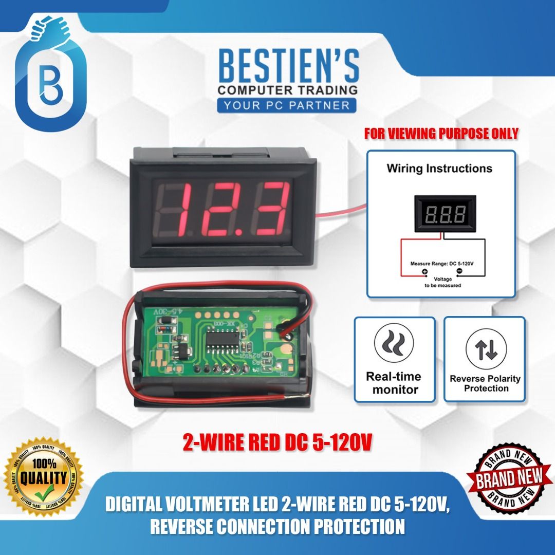 DIGITAL VOLTMETER LED 2-WIRE RED DC 5-120V, REVERSE CONNECTION ...