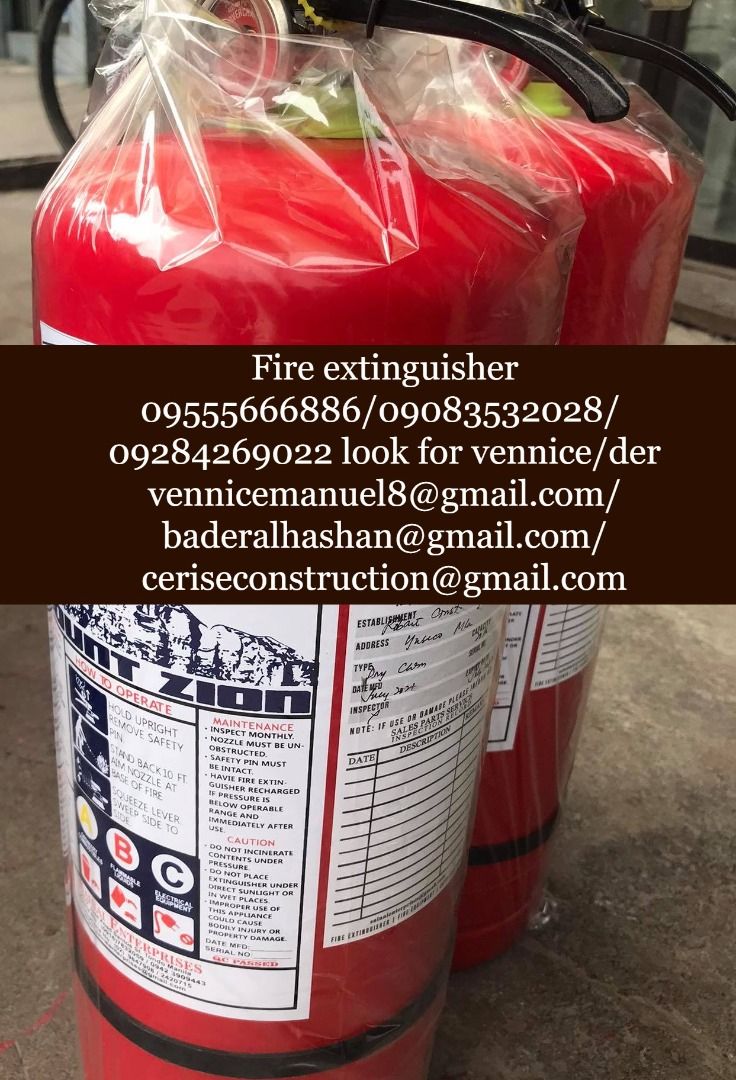 Fire extinguisher (Category: Construction & Building Materials) located in Manila. Submitted by vlmhardwarevennice (Listing ID 1201885050, Image 1). Description: Prices are subject to change without notice, for faster transaction/inquiries kindly contact and look for vennice/der 0-9-5-5-5-6-6-6-8-8-6 0-9-0-8-3-5-3-2-0-2-8 0-9-2-8-4-2-6-9-0-2-2 or email me at ceriseconstruction@gmail.com vennicecahello@gmail.com/ baderalhashan@gmail.com We also of
