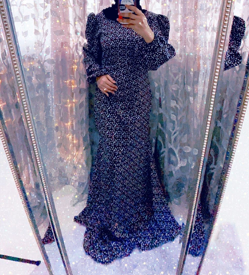 Floral Mermaid Puffy Sleeve Muslimah Dress Silky Crepe CLEARANCE