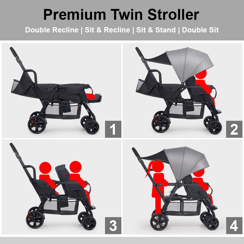 iDS FULL Rubber Wheels Reclining Twin Stroller Double Stroller Dual Stroller Front Back Easy Foldable Big Lockable Wheels Babies Kids Going Out Strollers on Carousell