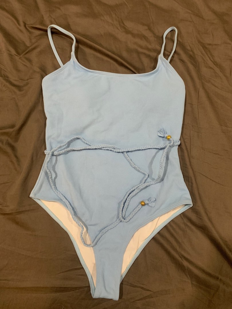 Light Blue Ribbed One Piece Swim Suit with belt, Women's Fashion