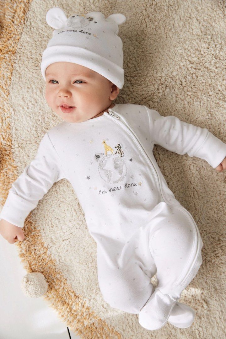 Next White Baby Zip Sleepsuit Hat
