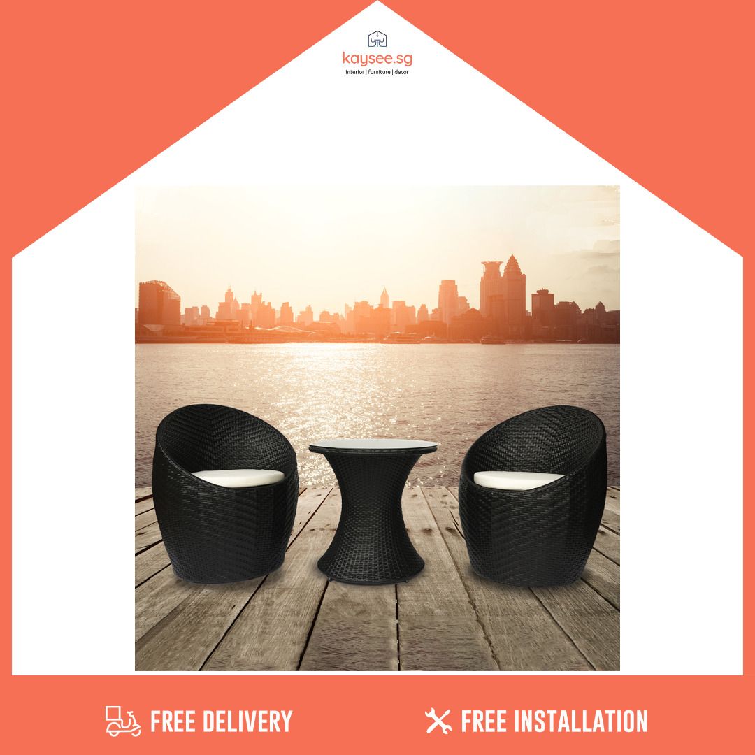 Pansy Black Outdoor Balcony Patio Set of 2 Tub Chairs & 1 Hourglass