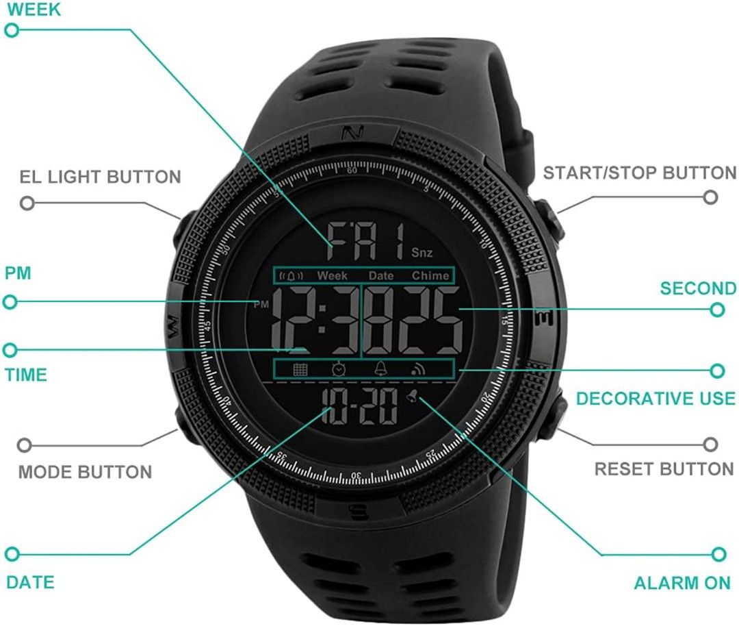 RSVOM Mens Digital Watch 50M Waterproof with Alarm Countdown