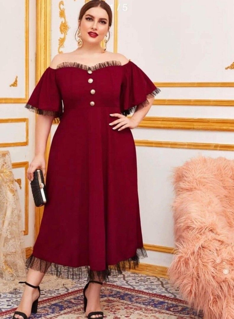 shein burgundy dress plus size Red A-line Off Shoulder High Split Prom Dresses MP722 main image 0