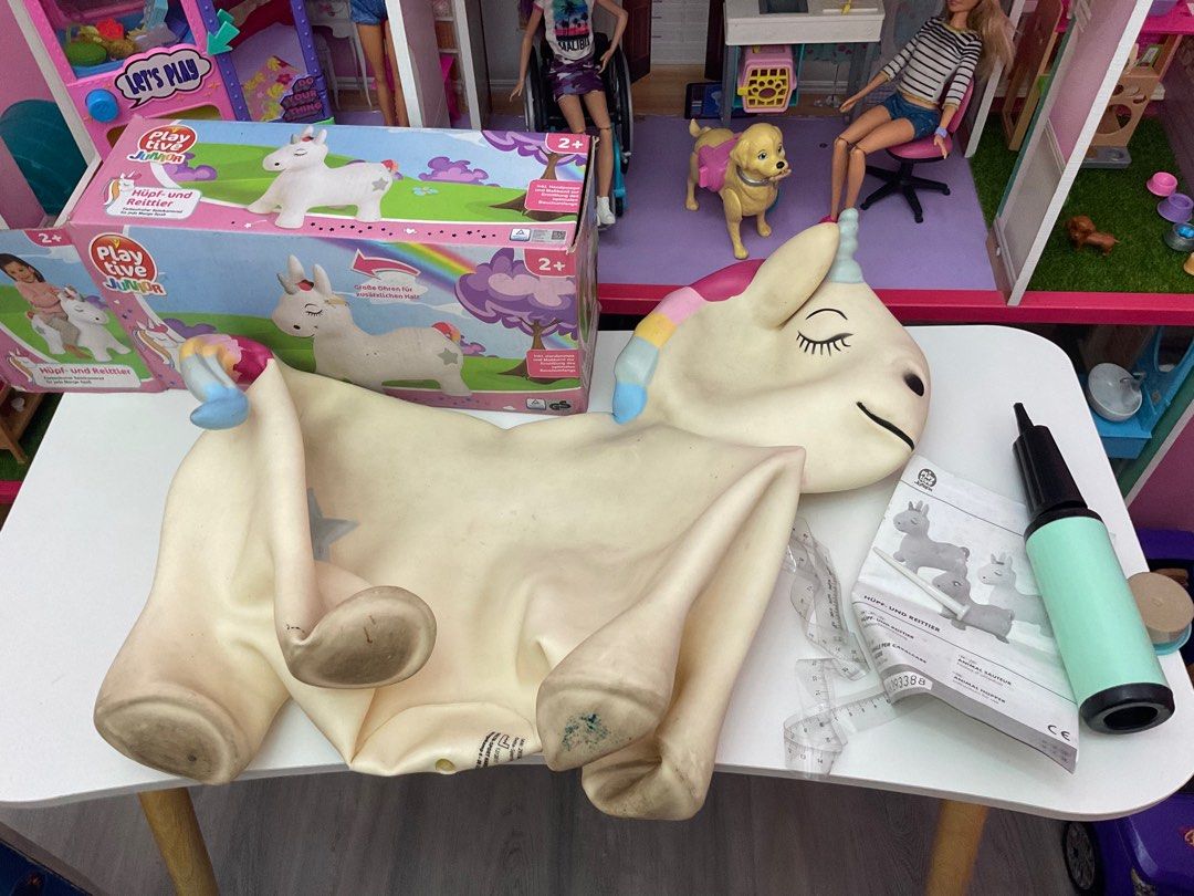 Unicorn Bouncy Hopper German brand (Category: Infant Playtime) located in Manila. Submitted by platinumsirenshop (Listing ID 1202026310, Image 3). Description: Preloved unicorn bouncy for toddler German brand quality ang product With box tape measure and pump Dented box With sign of usage like pen marks and dirt. Need washing lang .